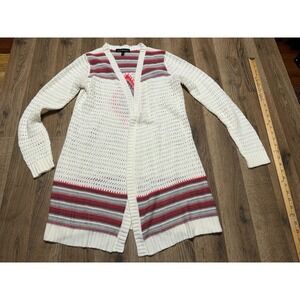 Derek Heart Sweater Women's Large White Red Grey Long Sleeve Open Cardigan Knit
